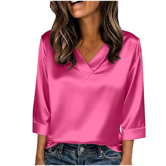 Posijego Silk Satin Tops for Women 3/4 Length Sleeve Summer V Neck Casual Dressy Blouses Loose Shirts Office Business
