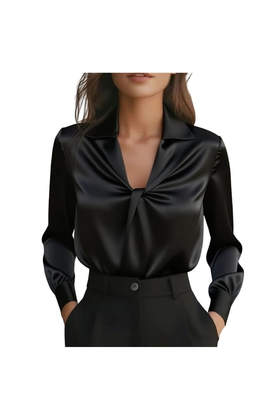 Silk Satin Tops for Women Knot V Neck Long Sleeve Shirts Lapel Business Office Work Dressy Blouses