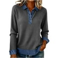 thumbnail image 1 of Posijego Spring Tops for Women Collared Button V Neck Long Sleeve Shirts Denim Patchwork Trendy Going out Blouses, 1 of 8