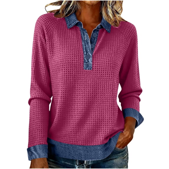 Posijego Spring Tops for Women Collared Button V Neck Long Sleeve Shirts Denim Patchwork Trendy Going out Blouses