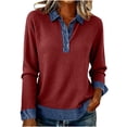 thumbnail image 1 of Posijego Spring Tops for Women Collared Button V Neck Long Sleeve Shirts Denim Patchwork Trendy Going out Blouses, 1 of 9