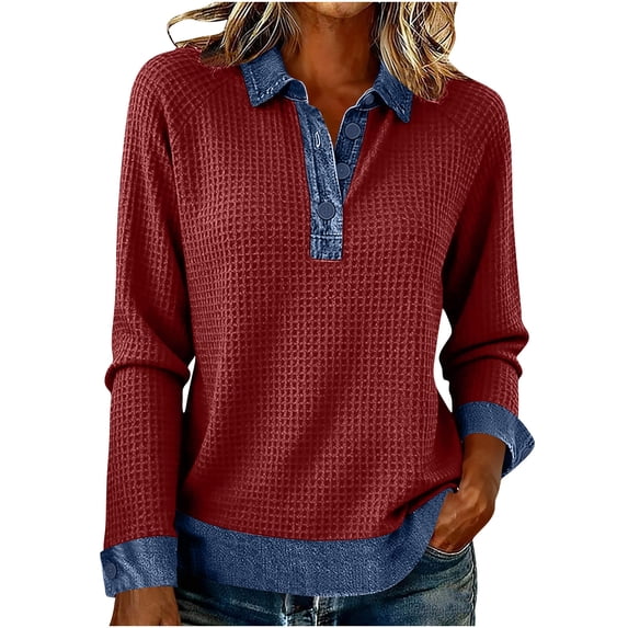 Posijego Spring Tops for Women Collared Button V Neck Long Sleeve Shirts Denim Patchwork Trendy Going out Blouses