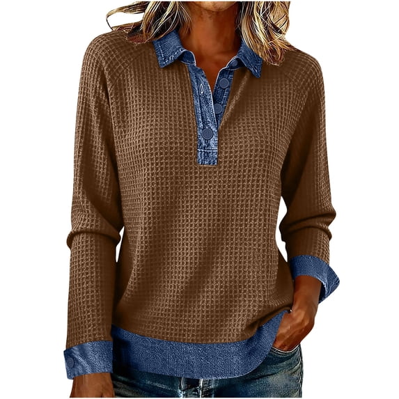 Posijego Spring Tops for Women Collared Button V Neck Long Sleeve Shirts Denim Patchwork Trendy Going out Blouses