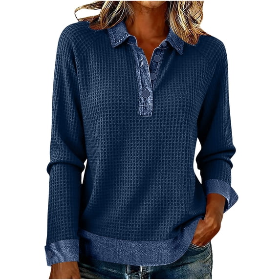Posijego Spring Tops for Women Collared Button V Neck Long Sleeve Shirts Denim Patchwork Trendy Going out Blouses