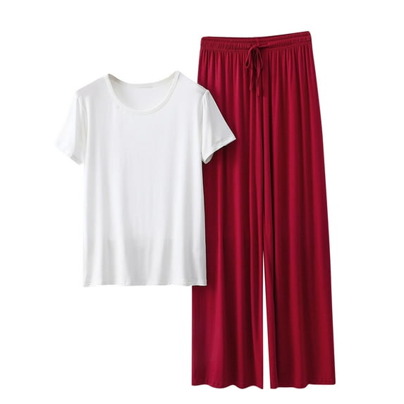 Posijego Summer Pajama Set for Women Ultra-Soft Short Sleeve Top and Wide Leg Pants Pjs Sleepwear Loungewear