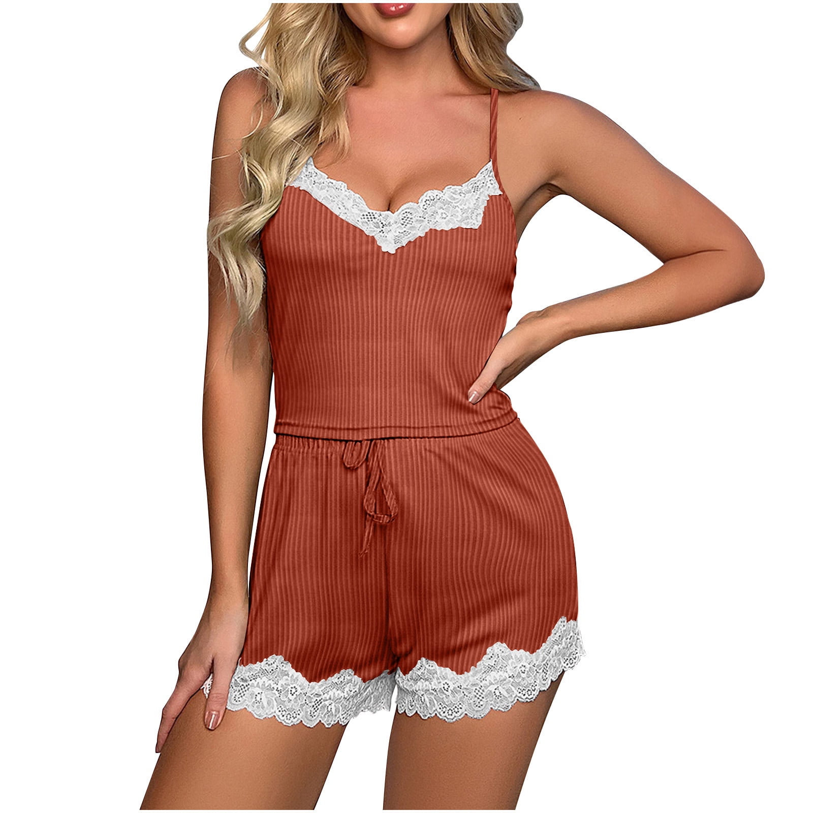 Posijego Summer Pajamas For Women Two Piece Lace Trim Cami Top And Shorts Set Pjs Sleepwear 5007