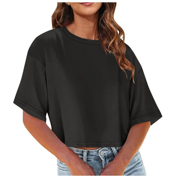 Posijego Summer T Shirts for Women Crop Tops Plain Short Sleeve Basic Tee Shirt Casual Loose T-Shirts