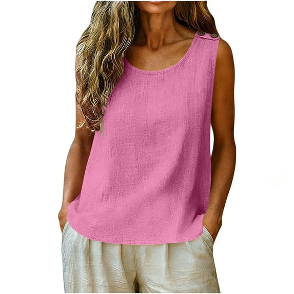 Posijego Summer Tank Tops for Women Cotton Linen Sleeveless Shirts Button Wide Strap Beach Vacation Tank Tops Womens Clothes