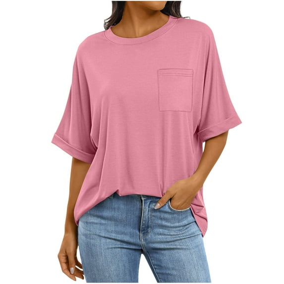 Posijego Summer Tee for Women Oversized T-Shirts Short Sleeve Pocket Shirts Lightweight Casual Crewneck Athletic Tops