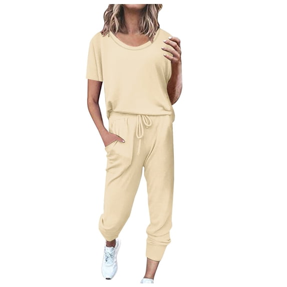 Posijego Summer Tracksuit Set for Women 2 Piece Short Sleeve Tops Sweatpants Plus Size Jogger Lounge Sets
