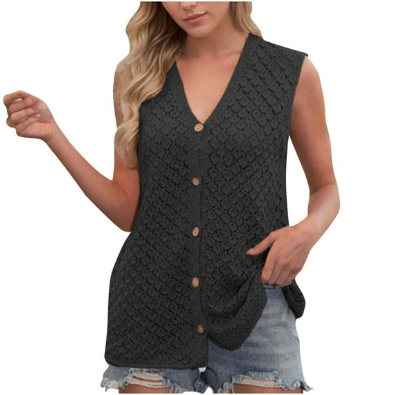Posijego Sweater Vest for Women Sleeveless Summer V Neck Button down Shirts Crochet Knit Tank Tops