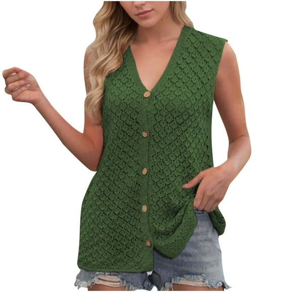 Posijego Sweater Vest for Women Sleeveless Summer V Neck Button down Shirts Crochet Knit Tank Tops