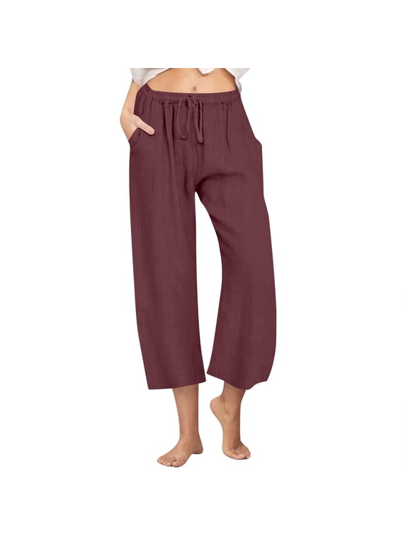 Cotton Linen Pants for Women Wide Leg Capris Pants Drawstring Elastic Waist Cropped Lounge Pants