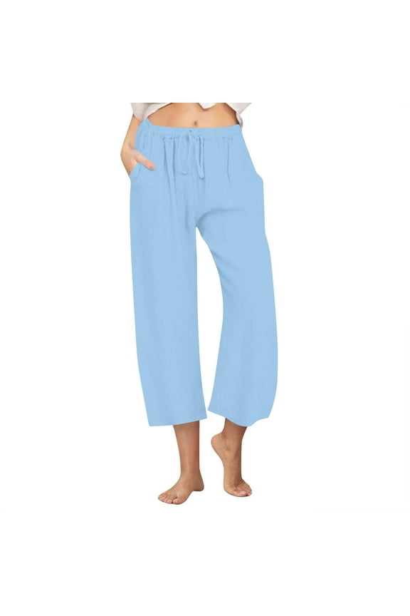 Cotton Linen Pants for Women Wide Leg Capris Pants Drawstring Elastic Waist Cropped Lounge Pants