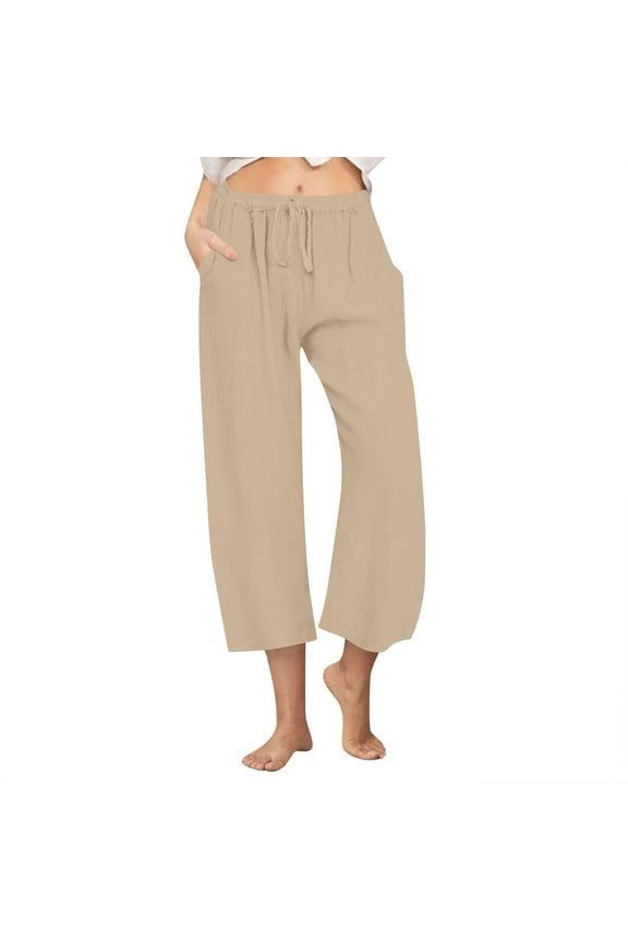 Cotton Linen Pants for Women Wide Leg Capris Pants Drawstring Elastic Waist Cropped Lounge Pants