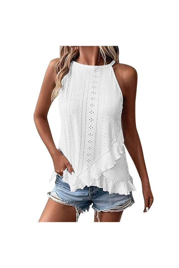Tank Top for Women Summer Round Neck Ruffle Hem Sleeveless Shirts Loose Flowy Eyelet Blouses