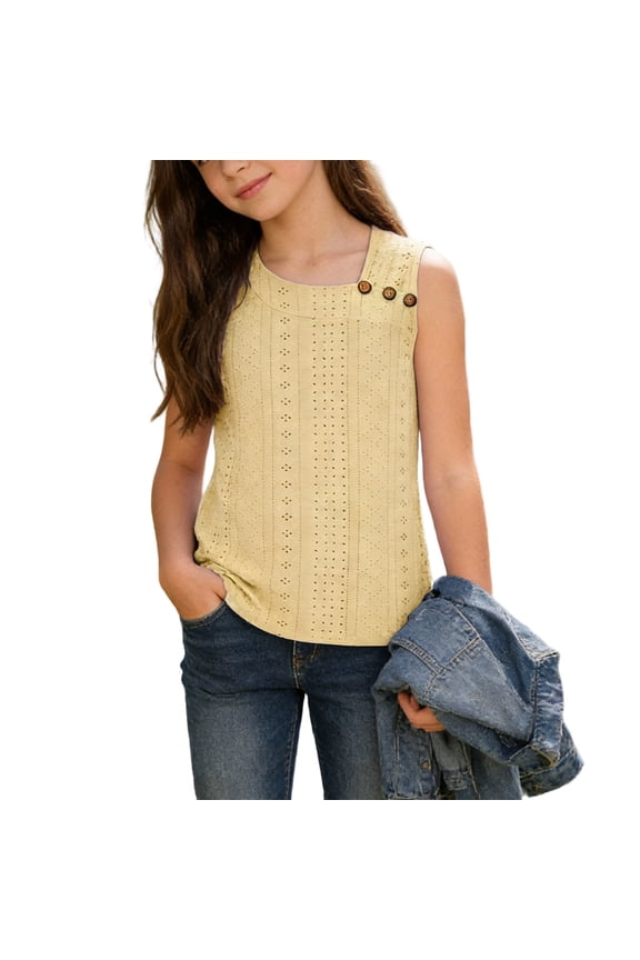 Tank Tops for Girls Sleeveless Causal Summer Crew Neck Blouses Loose Sold Color Tank Shirts Size 4Years -14Years