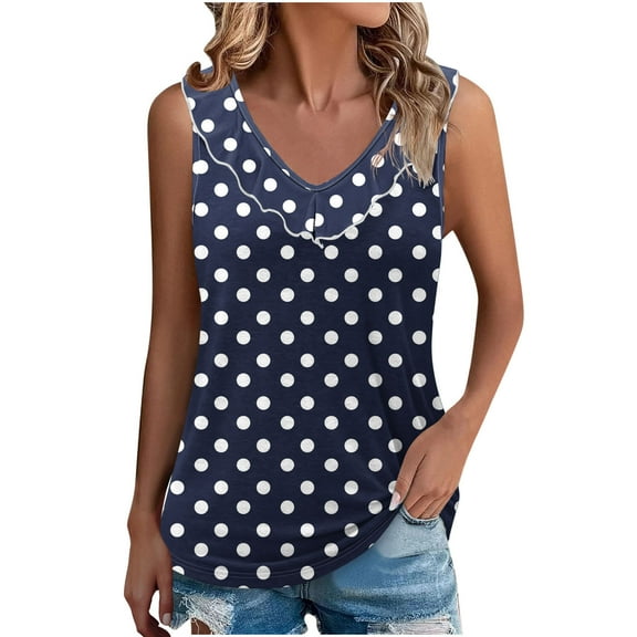 Posijego Tank Tops for Women Polka Dot Printed Ruffle V Neck Sleeveless Shirts Summer Clothes