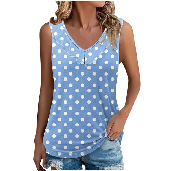 Posijego Tank Tops for Women Polka Dot Printed Ruffle V Neck Sleeveless Shirts Summer Clothes