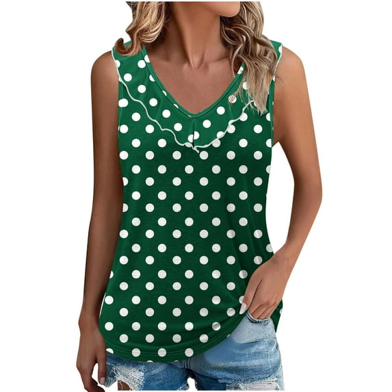 Posijego Tank Tops for Women Polka Dot Printed Ruffle V Neck Sleeveless Shirts Summer Clothes