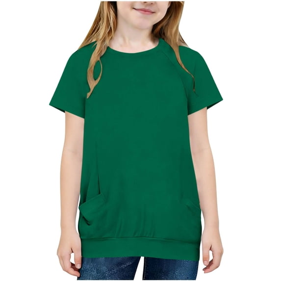 Posijego Teen Girls Short Sleeve T Shirts Kids Summer Round Neck Tops Plain Basic Tee Casual Pocket Shirts 5-15 Years