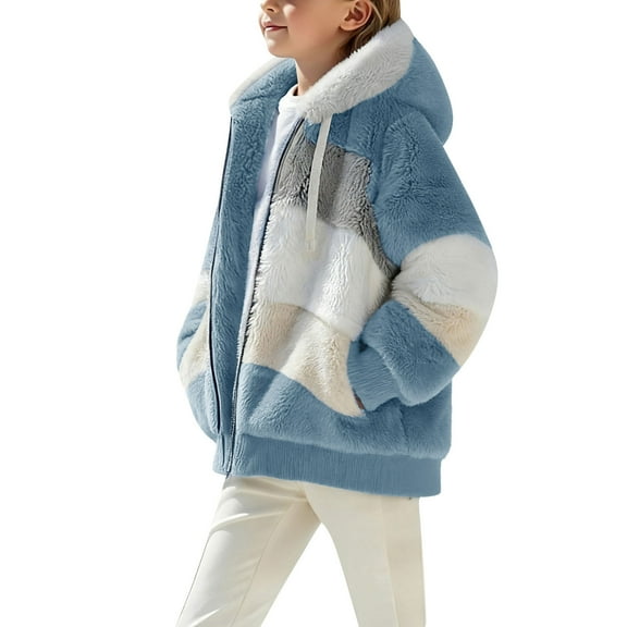 Posijego Teens Boys Girls Fleece Coats Soft Long Sleeve Fuzzy Hooded Zip up Winter Warm Jackets with Pockets