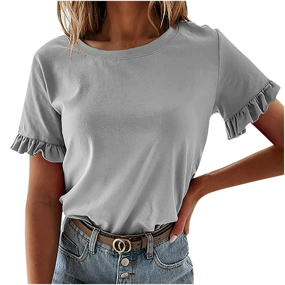 Posijego Tees Tops for Women Ruffle Short Sleeve T Shirts Solid Color Casual Summer Womens Tunic Shirt