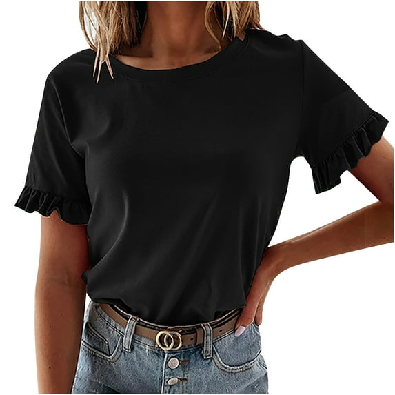 Posijego Tees Tops for Women Ruffle Short Sleeve T Shirts Solid Color Casual Summer Womens Tunic Shirt