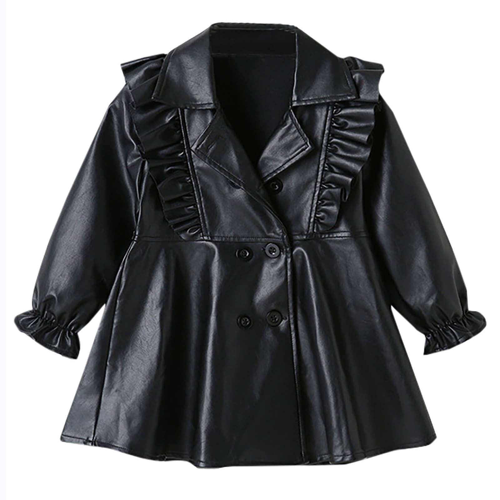 Posijego Toddler Baby Girl Leather Jacket Ruffle Long Sleeve Double