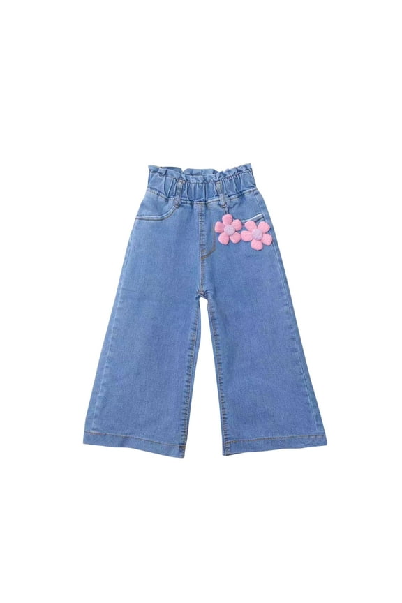 Toddler Baby Girls Jeans Elastic Waist Wide Leg Denim Pants Baggy Jean Pants with Pockets