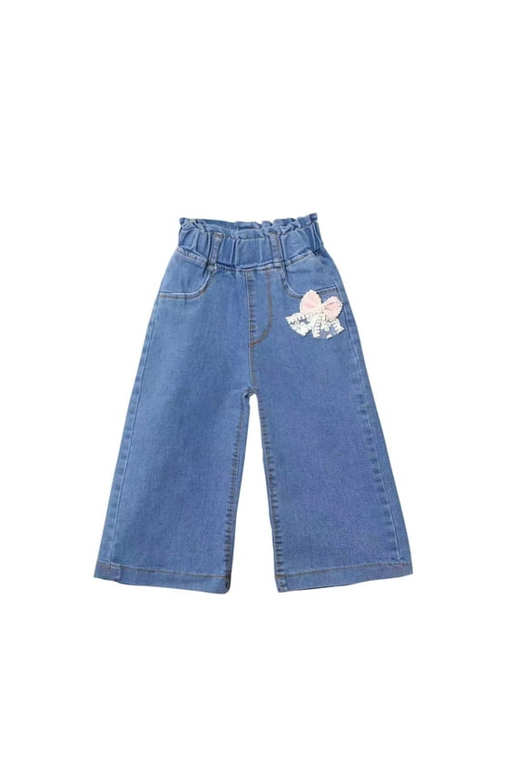 Toddler Baby Girls Jeans Elastic Waist Wide Leg Denim Pants Baggy Jean Pants with Pockets