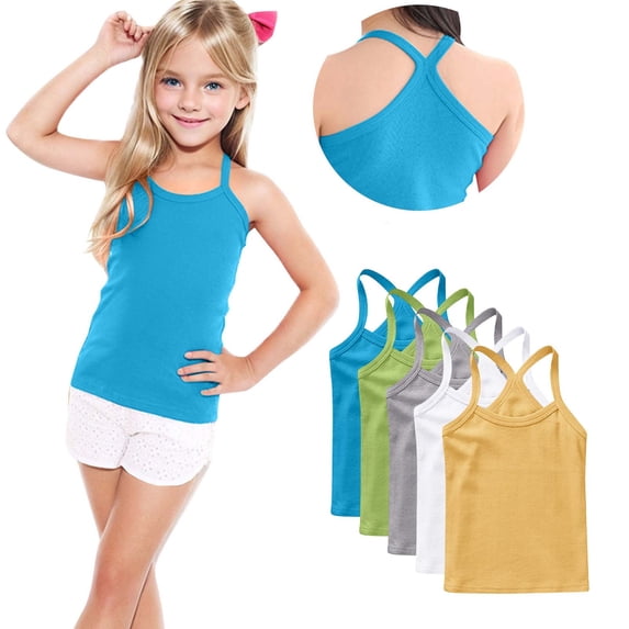 Posijego Toddler Girls Camisole Tops 5 Pack Spaghetti Straps Basic Tee Cotton Undershirts Dance Athletic Casual Tanks