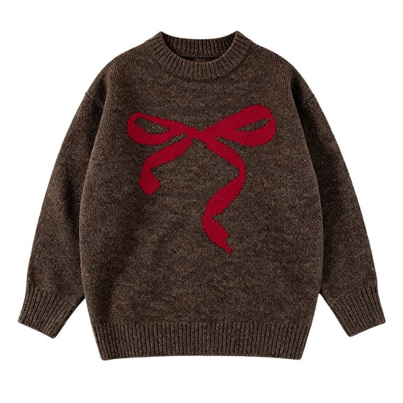 Posijego Toddler Girls Sweaters Bow Printed Long Sleeve Crew Neck Knit Pullover Sweater for Little Girls Warm Sweaters