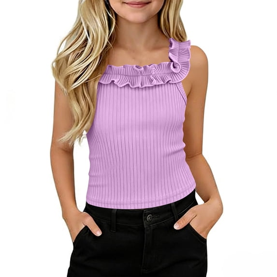 Posijego Toddler Girls Tank Tops Ruffle Round Neck Sleeveless Tanks Casual Summer Beach Camisole Tops for Girls
