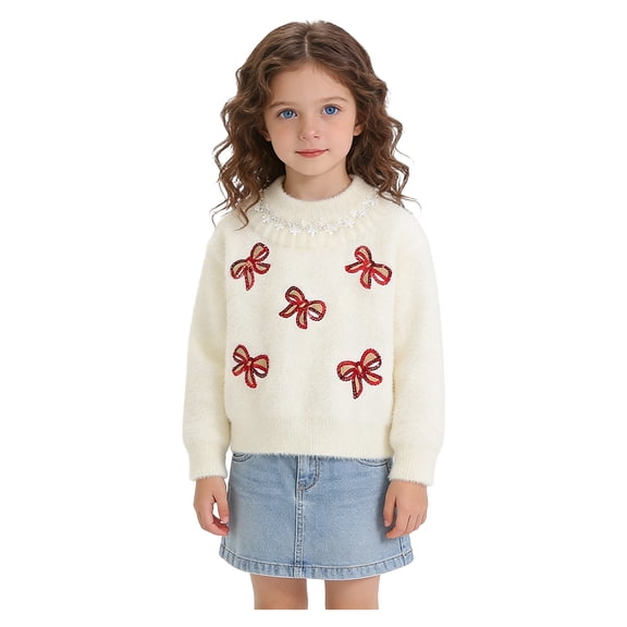 Posijego Toddler Girls Valentines Day Sweater Bowknot Long Sleeve Knit Crewneck Pullover Sweater Little Girl Tops