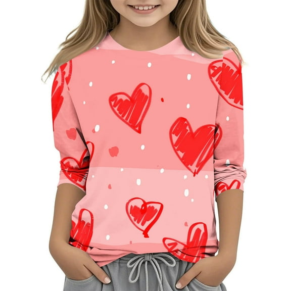 Posijego Valentine's Day Shirt for Girls Heart Graphic Tees 3/4 Length Sleeve Summer T-Shirts Casual Loose Tops