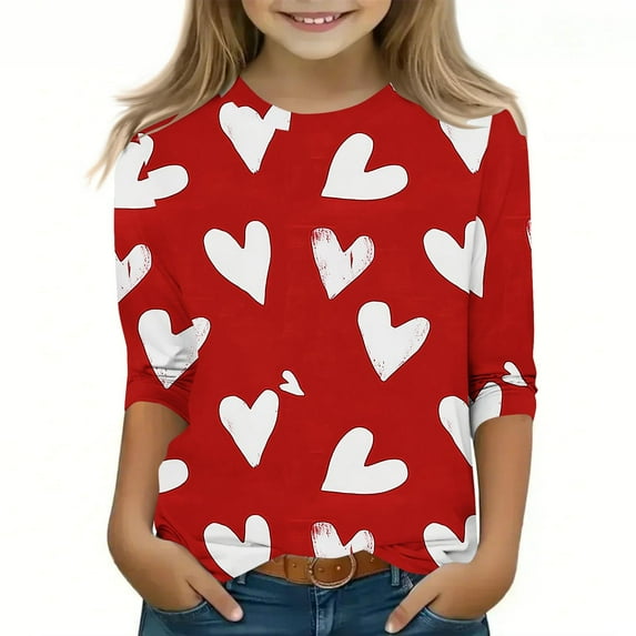 Posijego Valentine's Day Shirt for Girls Heart Graphic Tees 3/4 Length Sleeve Summer T-Shirts Casual Loose Tops