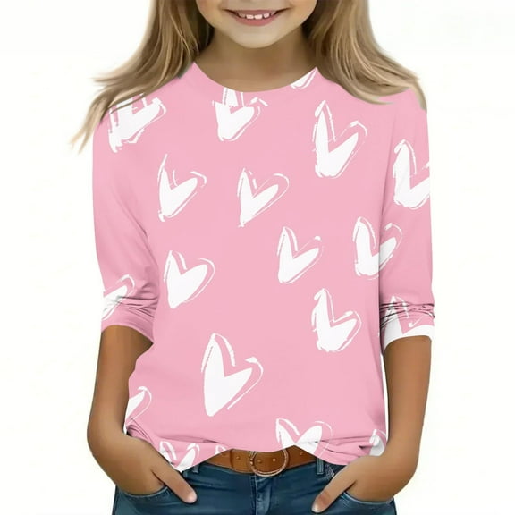 Posijego Valentine's Day Shirt for Girls Heart Graphic Tees 3/4 Length Sleeve Summer T-Shirts Casual Loose Tops