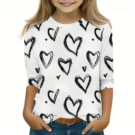 Posijego Valentine's Day Shirt for Girls Heart Graphic Tees 3/4 Length Sleeve Summer T-Shirts Casual Loose Tops