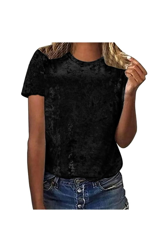 Velvet Top for Women Short Sleeve Crew Neck Vintage T-Shirt Solid Color Velour Blouses Tee Shirts