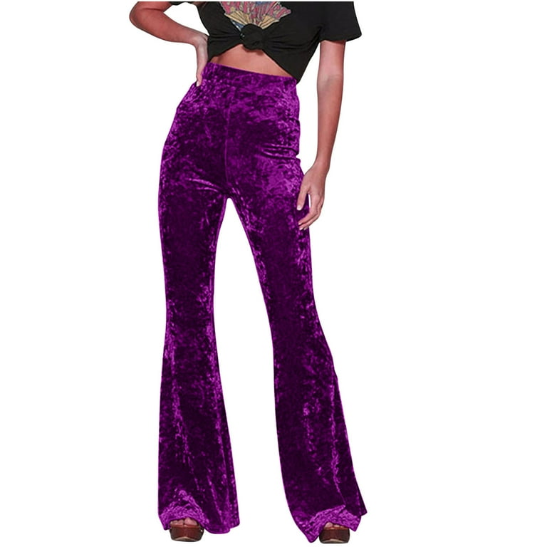 Posijego Vintage Velvet Pants for Women Elastic High Waist Flare Leg  Trousers Bell Bottoms Yoga Pants