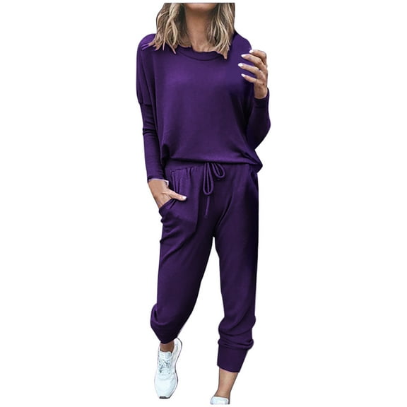 Posijego Women 2 Piece Outfit Plus Size Tracksuit Long Sleeve Crewneck Pullover Top Sweatpants Sweatsuit Lounge Set
