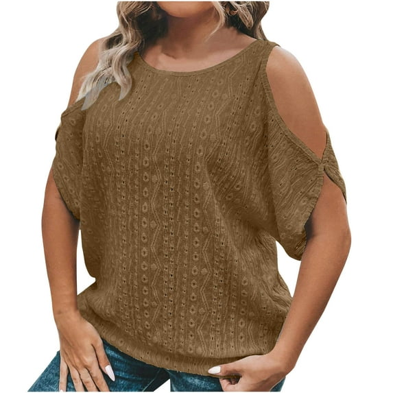 Posijego Women Casual Summer Tops Cold Shoulder Short Sleeve Loose T Shirts Solid Color Plus Size Blouse Tunic