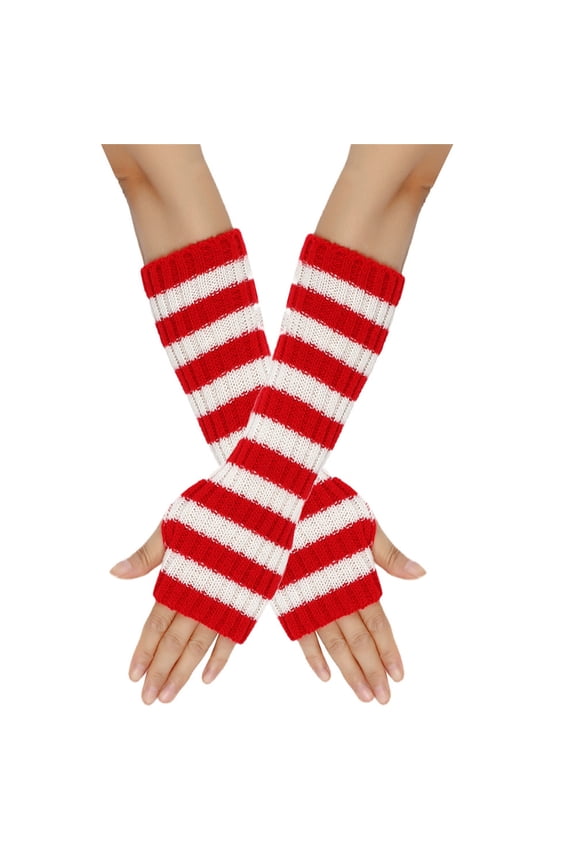 Women Striped Arm Warmers Winter Long Fingerless Gloves Thumbhole Warm Driving Arm Sleeve Mittens