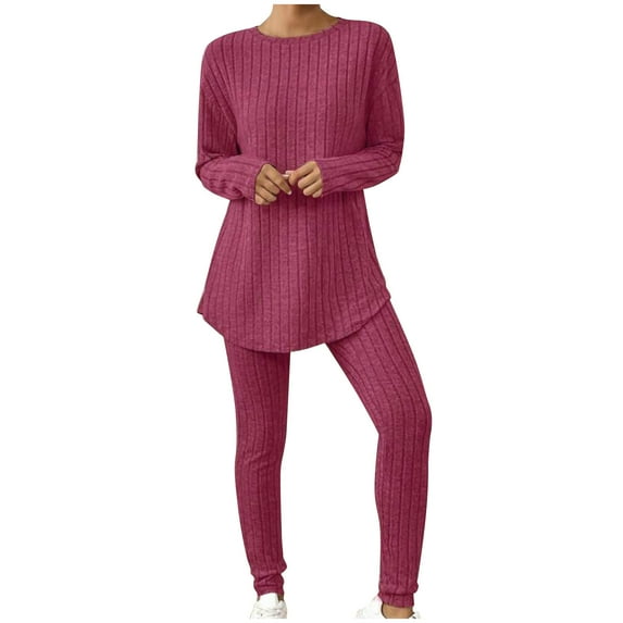 Posijego Women Two Piece Knit Lounge Set Long Sleeve Sweater Top and Tight Pants Loungewear Outfits