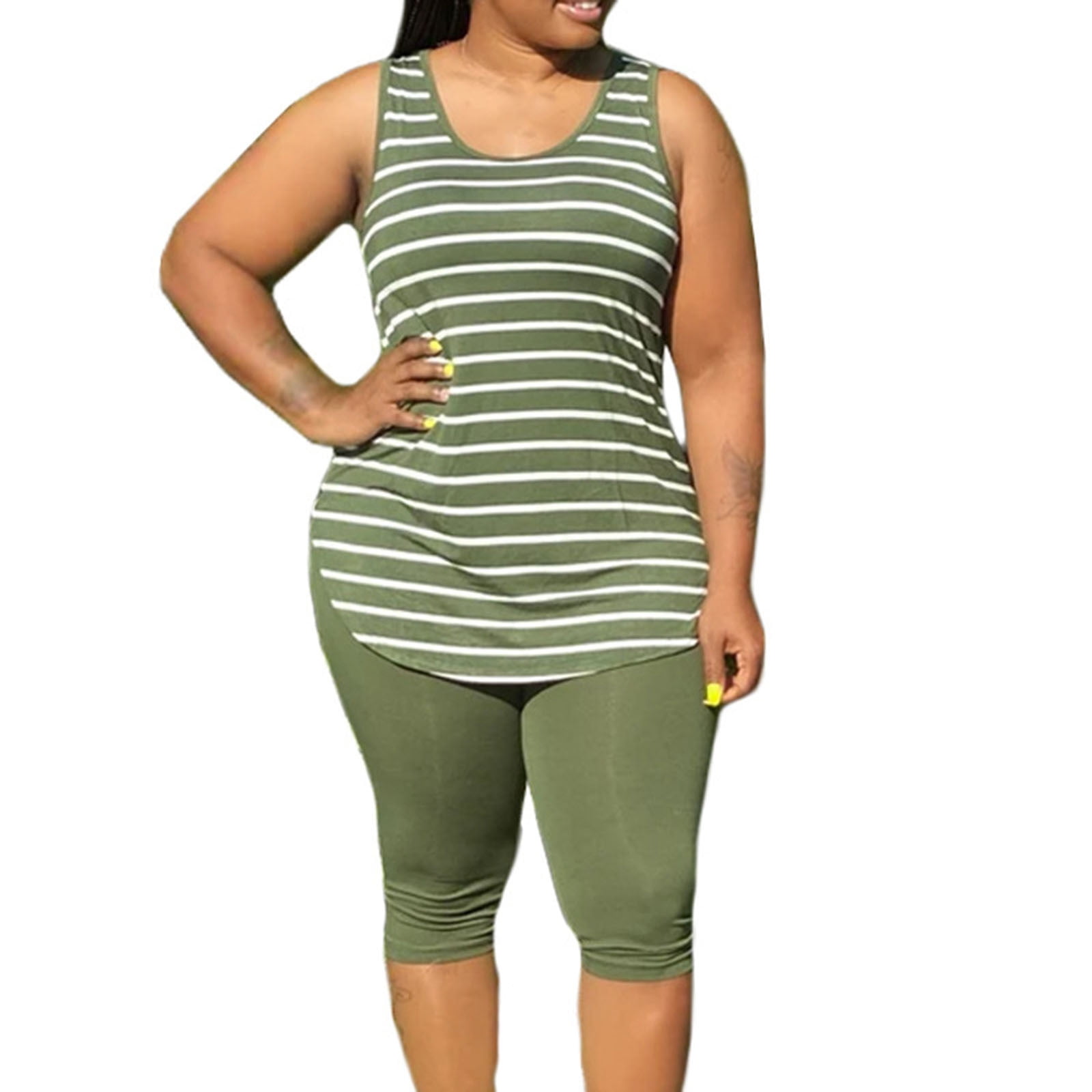 Posijego Women Two Piece Summer Outfit Plus Size Lounge Suit Stripe ...