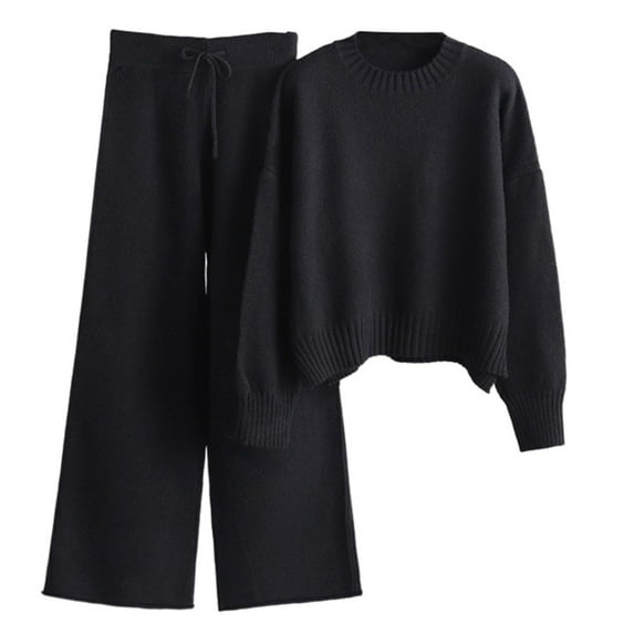 Posijego Women's 2 Piece Sweater Set Soft Long Sleeve Knit Top With Drawstring Wide Leg Pants Lounge Sweatsuit Suit