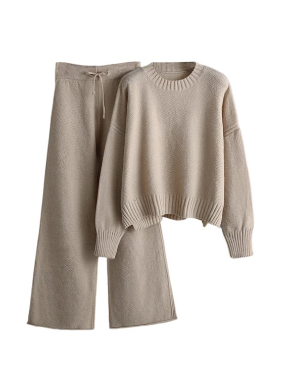 Women's 2 Piece Sweater Set Soft Long Sleeve Knit Top With Drawstring Wide Leg Pants Lounge Sweatsuit Suit