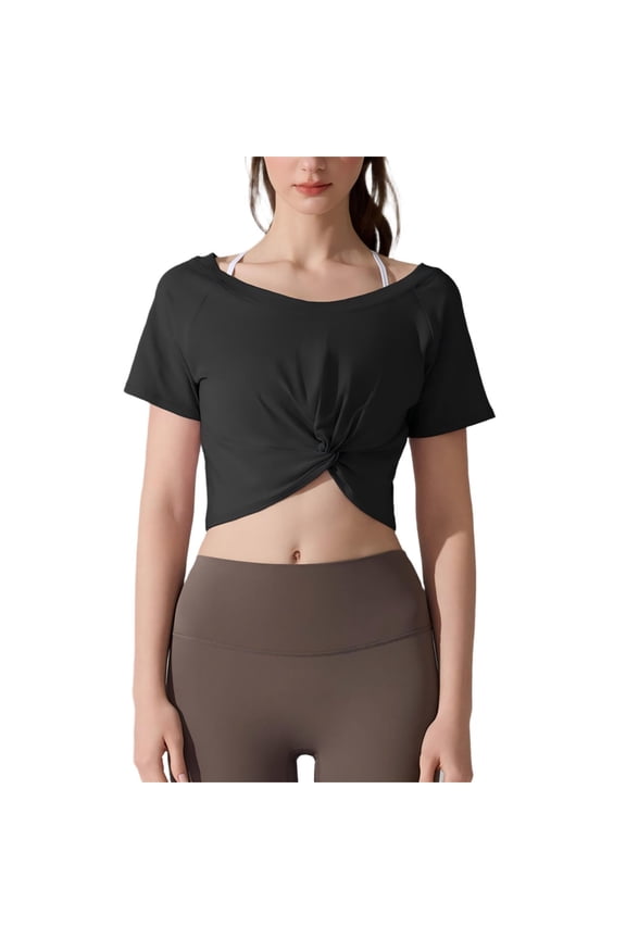 Women's Athletic Crop Tops with Twisted Front Short Sleeve T-Shirts for Workouts Running Gym Sport Tees
