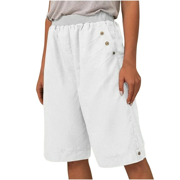 Posijego Women's Baggy Shorts Elastic Waist Cotton Linen Wide Leg Shorts for Women Knee Length Casual Shorts